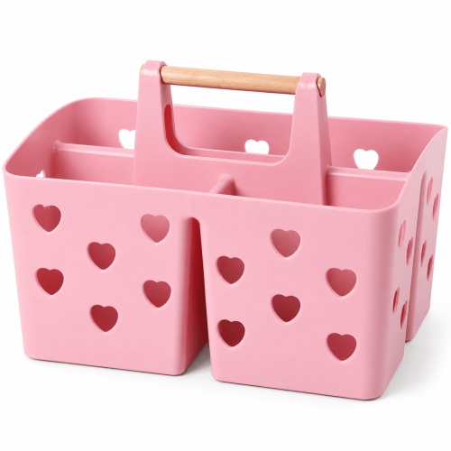 Portable Shower Caddy Plastic Shower Basket Organizer Divided Bathroom Caddy Storage Cleanning Caddy Tote with Handle for College, Dorm Room, Kitchen, Pink
