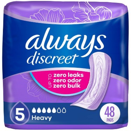 Always Discreet Incontinence and Postpartum Incontinence Pads - Heavy Absorbency - Regular Length - 48ct