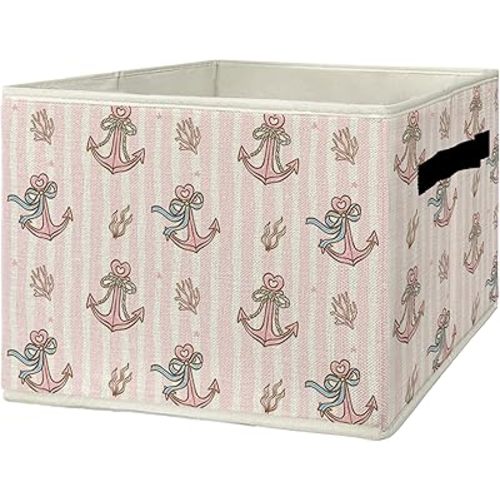 Pink Preppy Beach Nautical Storage Bins with Handles, Coquette Pink Bow Anchor Collapsible Laundry Basket Organizer for Girly Room Bedroom Bathroom, PinkBeach Coastal Decorative Storage Boxes
