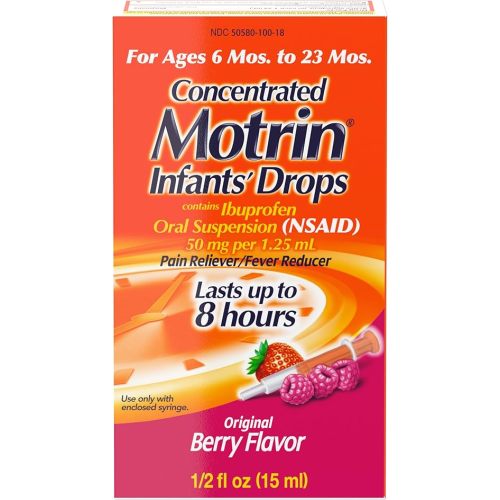 Motrin Infants Infant Ibuprofen Oral Suspension Concentrated Drops, NSAID Fever Reducer & Pain Reliever for Babies, Dye Free, Alcohol-Free, Berry Flavor, Includes Enclosed Syringe, 1 fl. oz