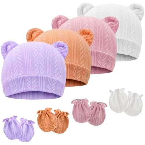 Newborn Baby Hat and Mittens Set Bear Ears Toddler Infant Beanie Caps Newborn Hospital Hat for Baby Boy Girl 0-3 Months