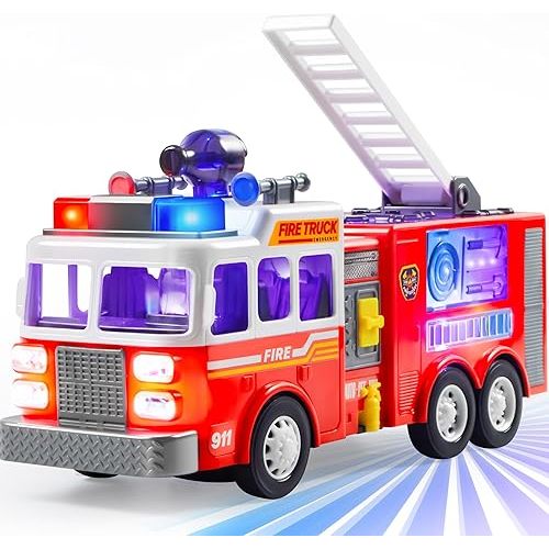 JOYIN LED Fire Truck Toy for Toddlers - LED Projections & Sirens, Bump and Go Fire Engine Trucks with Mode Switch & Volume Control, Boys&Girls Firetruck, Kids Birthday
