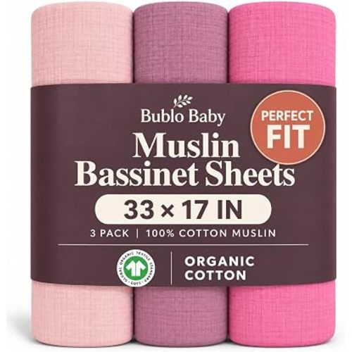 Organic Muslin Bassinet Sheets 3 Pack, 33x17 Fitted Sheet for Boys & Girls, Soft Breathable 100% Cotton, Universal Fit for Halo BassiNest, Baby Delight, Graco, Oval & Rectangle Mattress