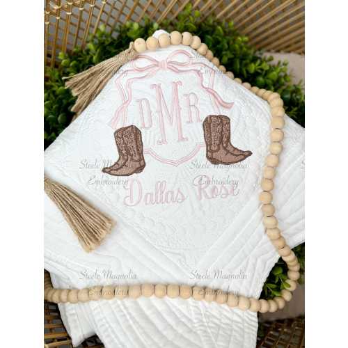 Cowgirl Nursery Pink Bow Personalized Baby Heirloom Quilt Custom Cowgirl Baby Blanket Embroidered Baby Quilt Girl Baby Shower Gift Crib