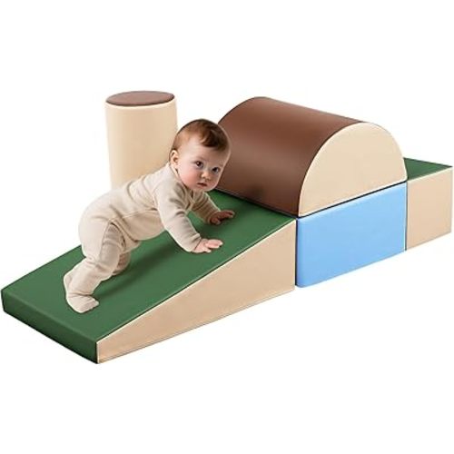 Toddler Climbing Toys Indoor: 5-Piece Soft PU Leather Baby Climbing Blocks - Soft Play Climbing for Toddlers - Safe Baby Play Gym(Earthtone)