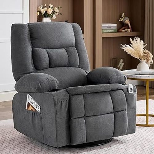 Oversized Swivel Rocker Recliner Chair with Massage and Heat, Nursery Rocking Chairs for Living Room, Comfy Relining Chair with Cup Holders, USB Charge Port, Side Pockets, Ergonomic Single Sofa, Grey