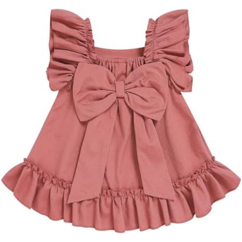 Sinhoon Toddler Girls Flutter Sleeve Casual Dress, Wrinkle-Resistant Back Bow Ruffle Hem Summer Dress