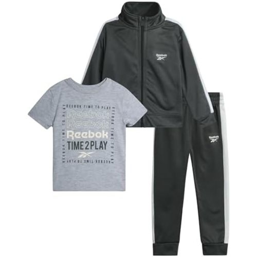 Reebok Boys Toddler Pants Set - 3 Piece Toddler Boys Tricot Fleece Jogger Sweatpants Set Short Sleeve T Shirt & Zip Up Jacket