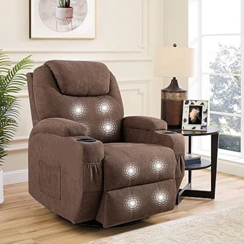 Flamaker Rocking Chair Recliner Chair with Massage Swivel Ergonomic Lounge Chair Classic Single Sofa with 2 Cup Holders Side Pockets Living Room Chair Home Theater Seat (Brown)