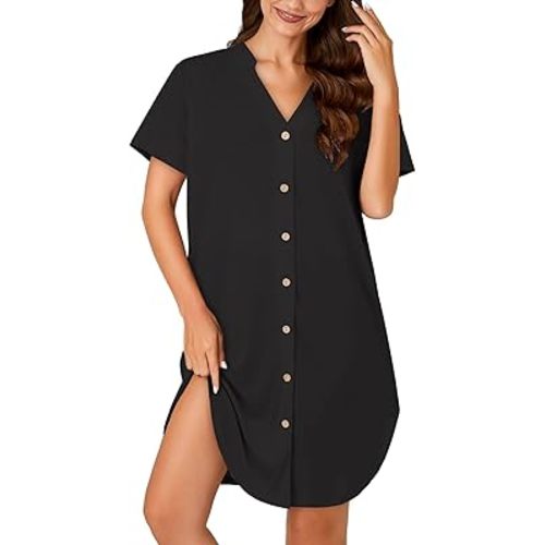 Vrtige Women's Cotton Striped Nightshirt Notch V Neck Short Sleeve Button Down Nightdress Nightgown