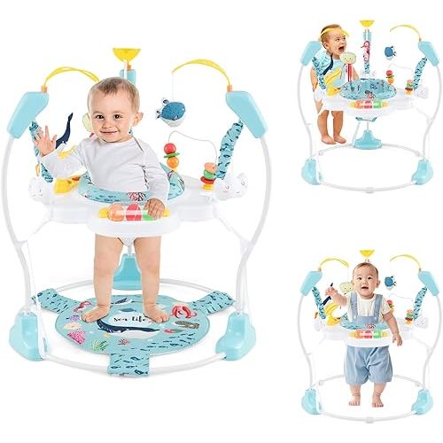 HONEY JOY Baby Bouncer Activity Center, Infant Jumper and Table w/ 360° Rotary Seat, 3 Adjustable Heights, Mat, Music, Lights, Sounds & Developmental Toys, Activity Center for Babies (Light Blue)