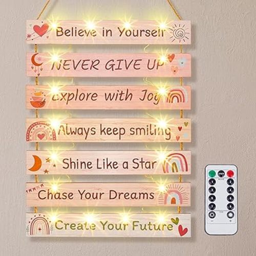 FIOBEE Girls Room Décor for Teen Girls Boys with LED Light Wall Decor for Bedroom Motivational Inspirational Wall Art Room Decoration for Kids Studyroom, 8 Kinds of Lights, Pink Boho