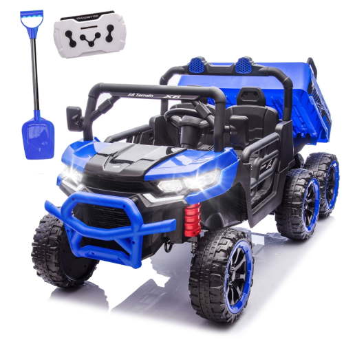 Xuanlur 24V Ride On Toys for Big Kids W/22" Seat, 4WD 6X6 2 Seater Ride On Dump Truck with Remote Control, 3 Speeds, High Efficiency Battery, 4X100 Motors, Music, Ride On Car for Boys Girls, Blue