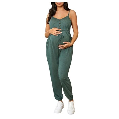 OYOANGLE Women's Maternity Nursing Jumpsuits Button Front V Neck Jumpsuit | Maternity Jumpsuit, Nursing Jumpsuits, Button Front, V Neck, Long Pants Romper, Maternity Outfits