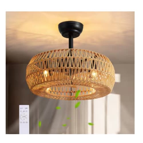 WDETR 20 in. Indoor Brown Bohemian Rattan Caged 7-Blades Ceiling Fan with Remote for Bedroom Living Room SPM-6933-01