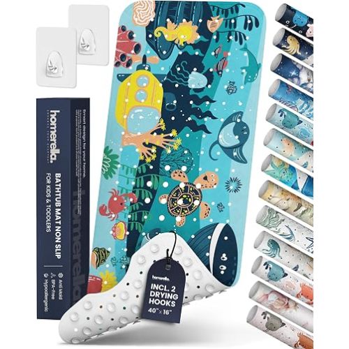 Bath Tub Mat Non Slip Anti Mold for Kids BPA Free INCL Hooks - homerella® Ocean Sea Animals 40x16, Baby Bath Mat Non Slip 200 Suction Cups, Non Toxic Machine Washable Toddler Bath Mat, EU Certified