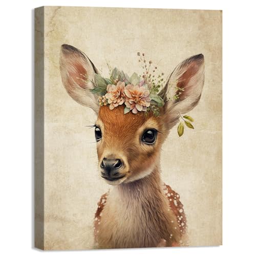 Nursery Canvas Wall Art Cute Sika Deer Wearing a Wreath Prints on Canvas Wall Decoration Jungle Nursery Animal Print Picture for Bedroom Bathroom and Kitchen Strench and Framed, Ready to Hang