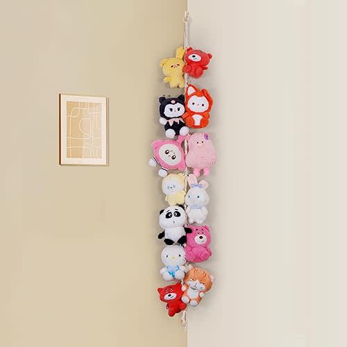 Stuffed Animal Storage Chain Boho Room Decor, Hanging Stuffed Animal Holder with 20 Metal Clips, Macrame Plush Toy Corner Organizer for Kids Baby Nursery Bedroom Playroom Wall Decor