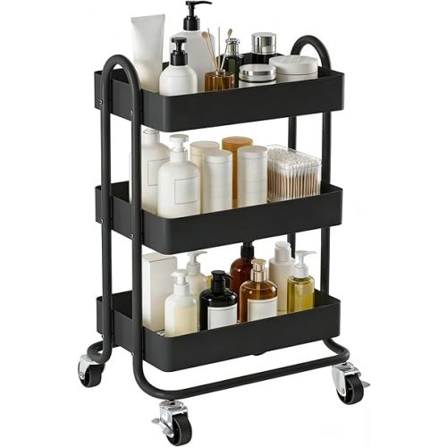3 Tier Metal Rolling Cart, Utility Storage Cart Shelf Organizer with Wheels for Home & Office, Black