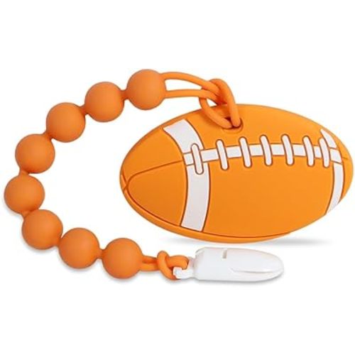 Baby Sports Ball Teething Toys,Food Grade Silicone Teether with One-piece Pacifier Clip Holder,Shower Gift,Teething Pain Relief for 3 Months+ Boy and Girl,BPA Free,Freezer Safe. (American Football)
