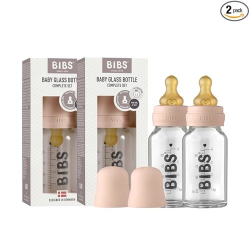 Bibs Baby Glass Bottle | Anti-Colic Borosilicate Glass Bottles | Natural Vented Round Natural Rubber Latex Nipple | Consistent Flow Rate | 3.7 oz/110 ml | 2 Pack | Blush
