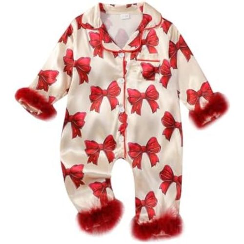 woshilaocai Baby Girl Button Down Romper Bow Strawberry Fuzzy Cuff Long Sleeve Jumpsuit Spring Summer Clothes