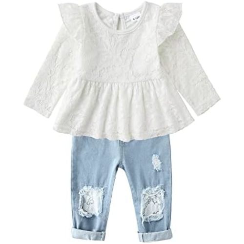 CARETOO Girls Clothes Outfits Cute Baby Girl Floral Long Sleeve Pant Set Flower Ruffle Top