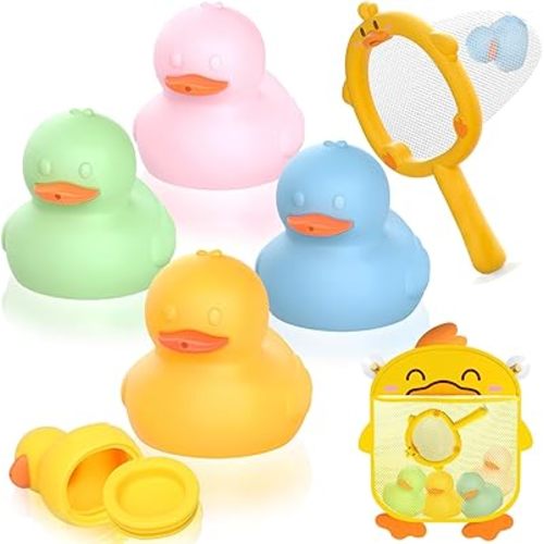No Hole Mold Free Bath Toys for Toddlers 1-3, Water Toys for 6-12 Months Infants with Storage Bag, Baby Silicone Duck Toys for Bathtub, Shower, Tub, 6-Piece Toddler Bath Toy Set Kids Boys Girls Gifts