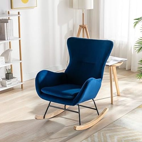 Kiztir Velvet Rocking Chair Nursery, Modern Rocking Chair with High Backrest, Comfy Accent Glider Chair for Nursery, Living Room, Bedroom (Navy)