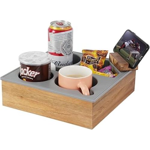 Couch Cup Holder Tray, Handy Soft Silicone Acacia Wooden Couch Caddy for Bed Car Seat Beach Organizer, Waterproof Anti-spill Couch Drink Holder for Snacks Beverage Remote (Gray)