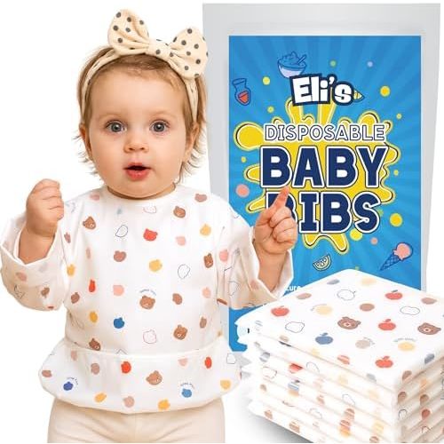 Disposable Bibs Individually Wrapped, Long Sleeve Bib with Crumb Catcher - Waterproof Baby Bibs (10 pack)