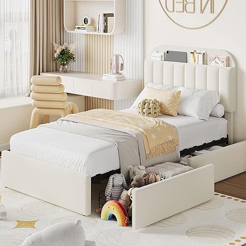 IDEALHOUSE Twin Bed Frame for Kids, Boucle Upholstered Platform Bed for Boys/Girls with 2 Flexible Drawers, Bookcase Headboard, Noise-Free, Easy Assembly, No Box Spring Needed, Beige