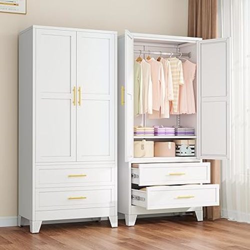 Metal Armoire Wardrobe Closet with 2 Drawers, 71" Wardrobe Cabinet with Adjustable Shelves and Hanging Rod, Clothing Storage Cabinet Closet for Bedroom-White
