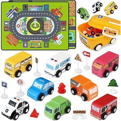 Toddler Car Toys, Toy Cars for Toddlers, Wooden Cars Toys for Toddler Boy, 22 PCS Cars and Trucks Toy Vehicles Set with Playmat, Storage Box, Wood Montessori Toys for Baby Birthday Gift