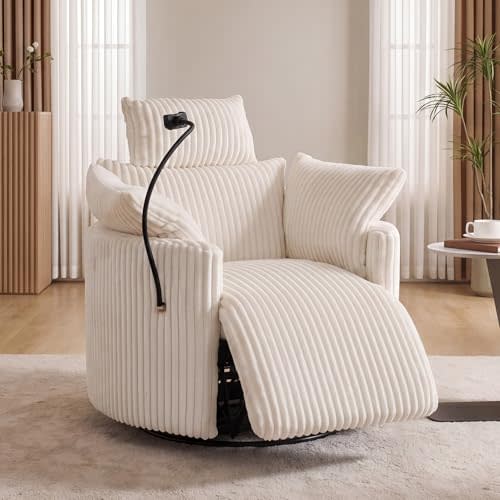 FOXHUNTER 360° Swivel Manual Nursery Rocking Glider Chairs, Corduroy White | 30° Rocking Mode, Phone Holder, USB Charging Port, Adjustable Headrest, 2 Cushions, for Living Room Bedroom