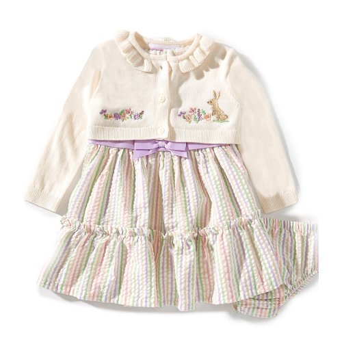 Bonnie Jean Baby Girls Long-Sleeve Bunny-Embroidered Knit Cardigan & Vertical-Striped Seersucker Fit-And-Flare Dress