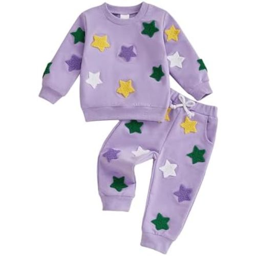 Baby Girl Boy Mardi Gras Outfit Stars Embroidery Sweatshirt Jogger Pants 2Pcs Toddler Carnival Clothes Birthday Party