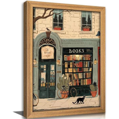 Framed Vintage Book Wall Art Bookstore and Black Cat Painting Canvas Prints Cozy Bookshop Library Bookish Picture Wall Decor Bookworm Reading Nook Poster Artwork for Living Room Bedroom Office