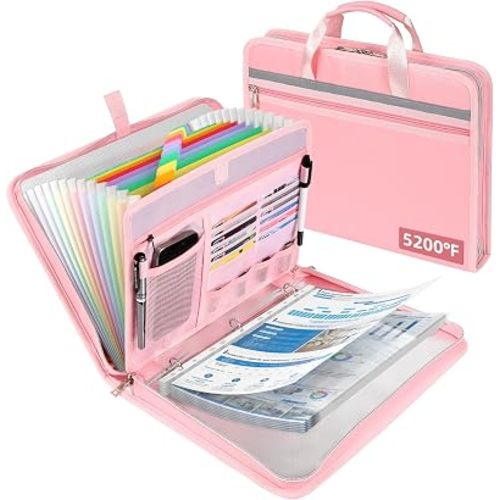 5200℉ Fireproof Document Organizer with 13 Accordion Expanding File Folder, Aluminum Foil Zipper Binder with 30 A4/Letter Sheet Protector, Binder for School Office Home Storage (Pink)