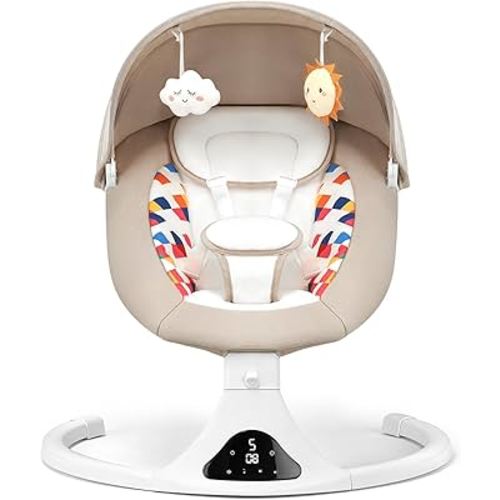 Baby Swing for Infants, Bluetooth Baby Swing with Remote Control, Portable Infant Swings with 5 Speed Motions, 12 Soothing Lullabies, Designed for Newborns (Max 20 lbs Beige)
