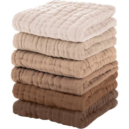 Unnivoll Muslin Burp Cloths Baby 12''X12'',Baby Washcloths 6 Pack, 100% Cotton Baby Wash Cloths Absorbent and Soft for Newborn Infants Kids Boys Girls Brown