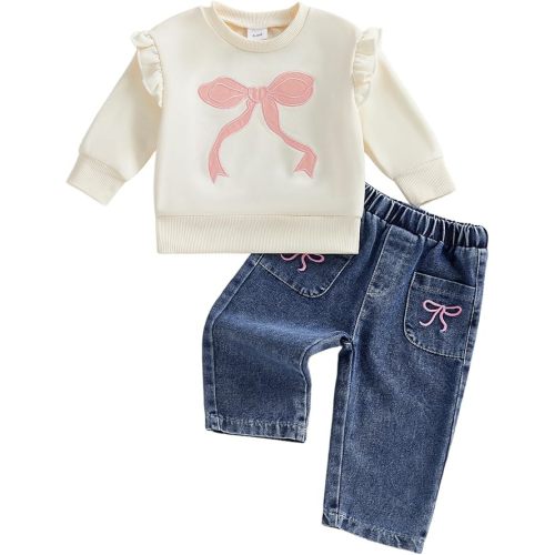 VISGOGO Baby Girl Outfit Crocheted Floral Top Linen 12 18 24M 2T 3T 4T Todder Clothes Tops + Denim Pants Set