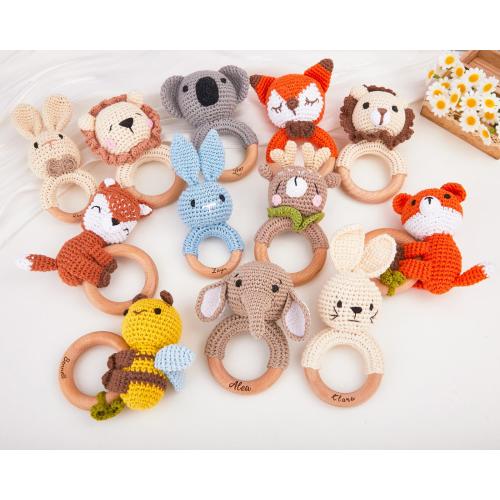 Personalized Crochet Animal Baby Rattle: Zelkova Wood Grasping Toy