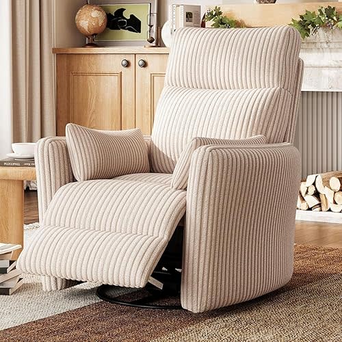 LINSY 360 Swivel Recliner Chair, Nursery Glider Rocking Chair with 2 Pillows, Corduroy Nursing Chair Comfy High Back Adult Rocker Recliner for Small Spaces, Nursery Bedroom Living Room (Beige)