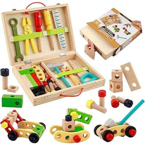 Kids Tool Set Wooden Toddler Play Tools Set with Tool Box Montessori Educational Learning Toys STEM Preschool Construction Building Toy for 3 4 5 6 7 8 Years Old Kids Birthday Gifts for Boys and Girls