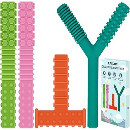 ERKOON Sensory Chew Toys for Autistic Children, 4 Pack Silicone Chewy Tube Oral Motor Tools for Sensory Kids with Autism, Biting, ADHD, SPD, Chewies with Special Needs, Teething Sticks Toys (4 Pack#1)