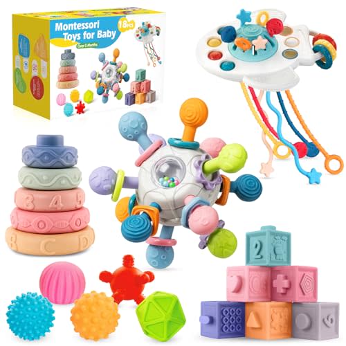0-3-6-12 Months Baby Toys, 5 in 1 Montessori Toy For Babies Gift for Babies | Teething Toy & Stacking Building Block & Ring & Silicone Pull String, Sensory Development Baby Infant Toy, Gift for Babies