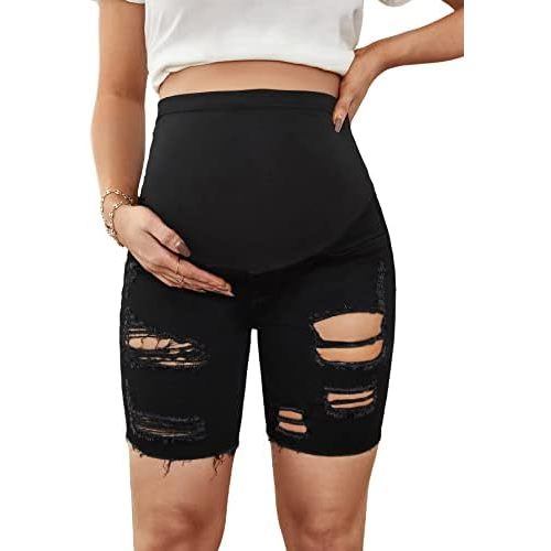 Floerns Women's Maternity Ripped Roll Hem Jeans Pregnant Denim Shorts