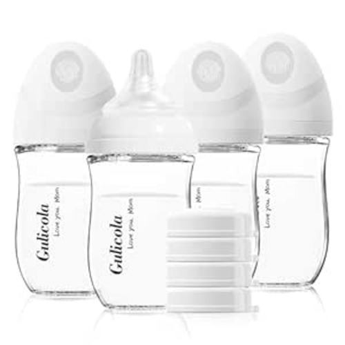 Gulicola Natural Glass Baby Bottle 4 Pack, Newborn Breastfeeding Bottles Set, Extra Slow Flow Nipples (SS), Anti Colic, 0 Months+, 5 oz - White