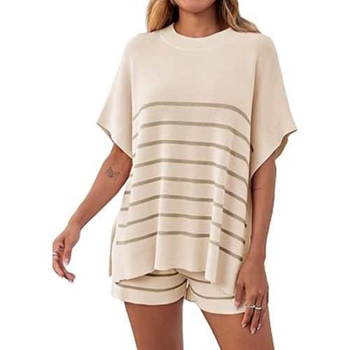 Fisoew Women's Striped 2 Piece Outfits Oversized Batwing Short Sleeve Tops High Waisted Shorts Summer Knit Lounge Short Sets